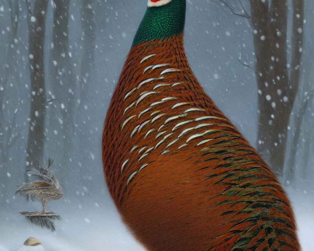 Colorful Pheasant in Snowy Setting with Falling Flakes