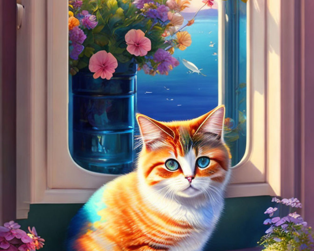 Colorful illustration of orange and white cat with blue eyes on windowsill with blooming flowers, serene