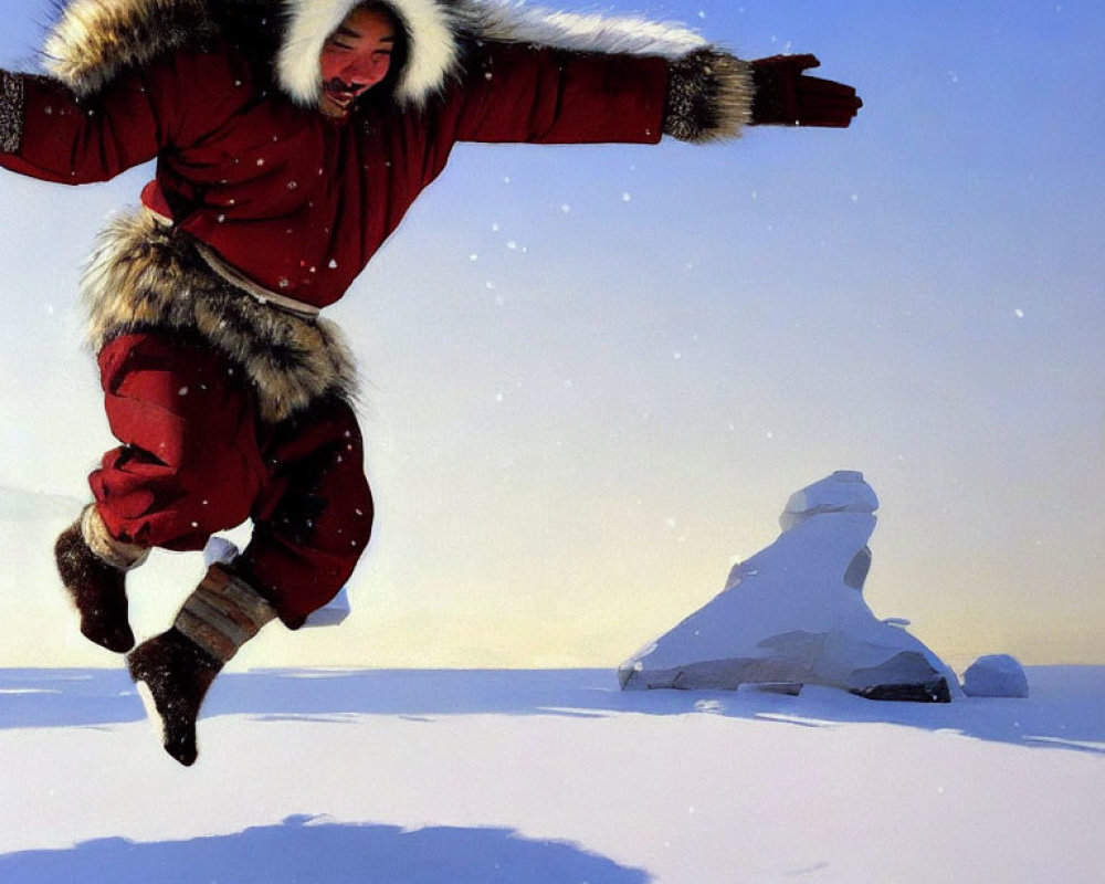 Joyful person in red clothing jumping in snowy landscape with blue sky.