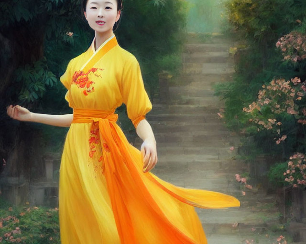 Woman in Yellow Traditional Dress on Stone Path with Blossoming Trees