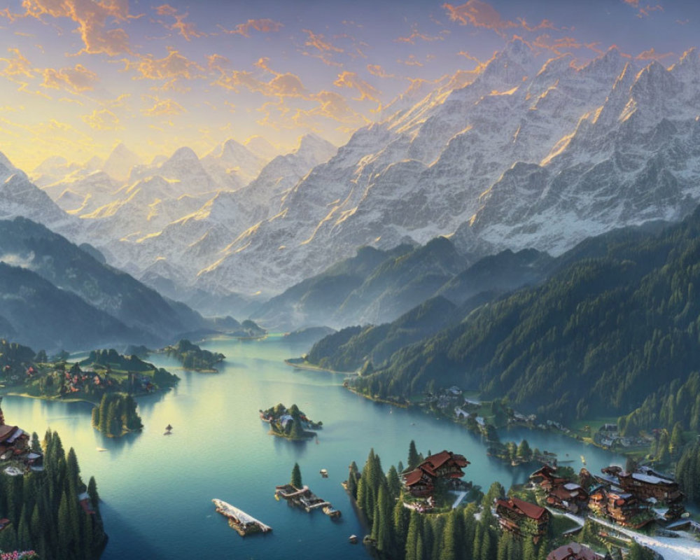 Scenic Alpine village on lakeshore with boats and snow-capped mountains at sunset