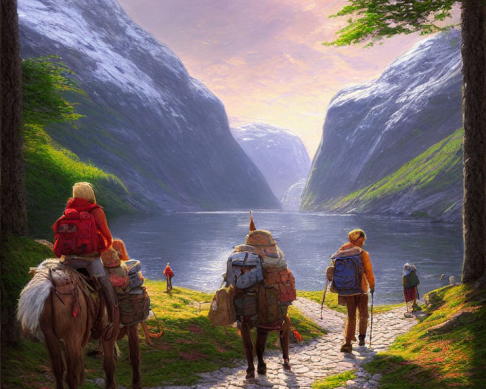 Backpackers and horse on stone path in lush valley at sunset