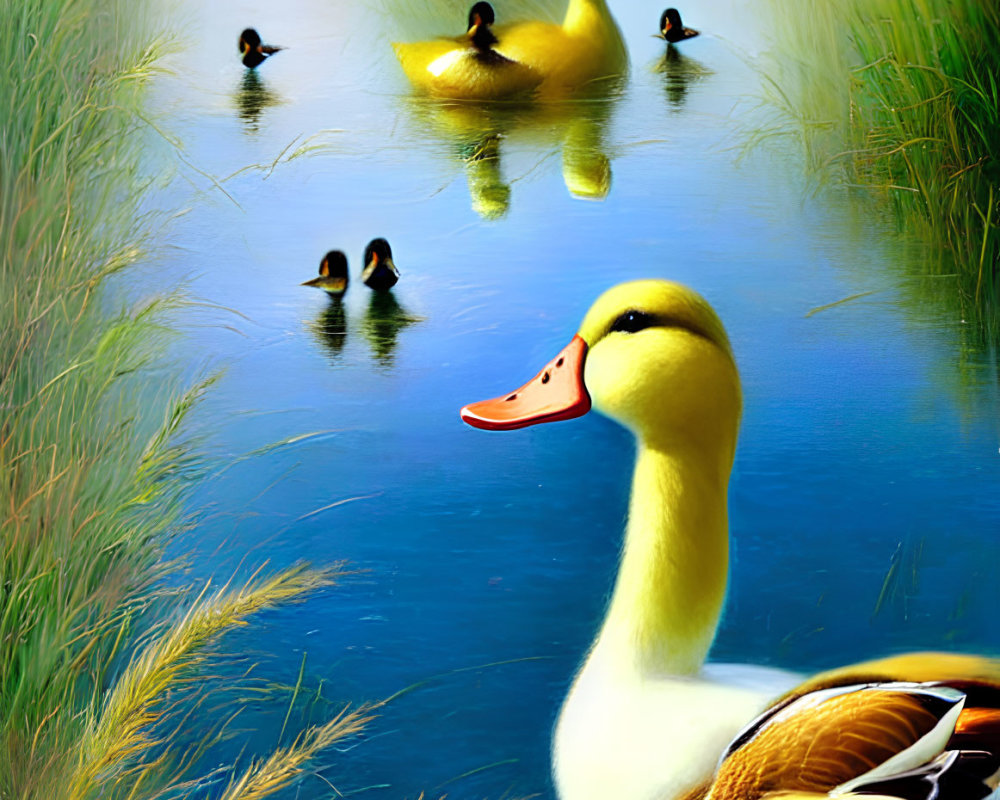 Illustration of Anthropomorphic Duck with Ducklings on Misty Lake