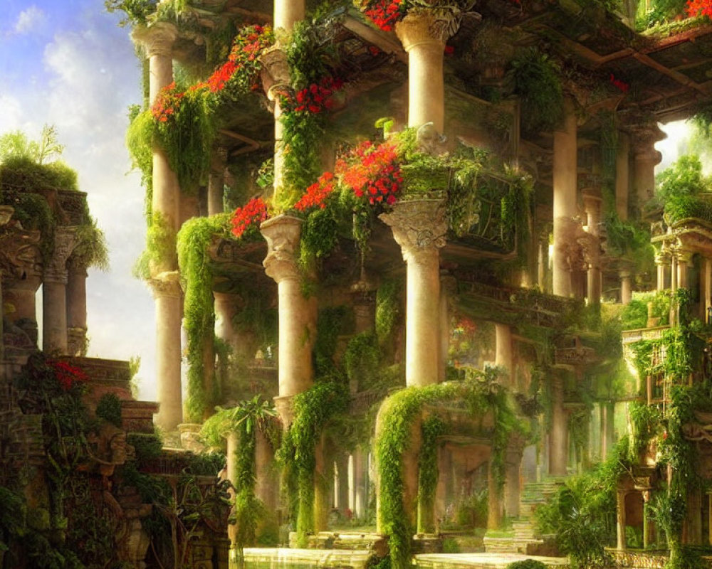 Enchanting overgrown ruin with ivy-covered columns and red flowers