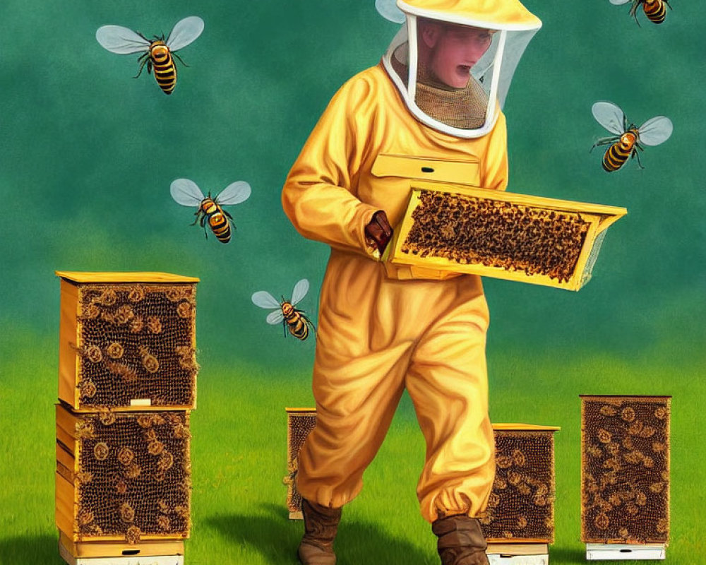 Beekeeper in yellow suit with beehive frame and buzzing bees on green background