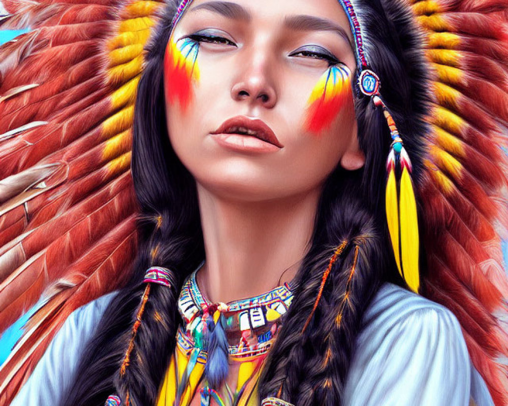 Colorful Native American headdress with vibrant feathers and beadwork on a pensive face.