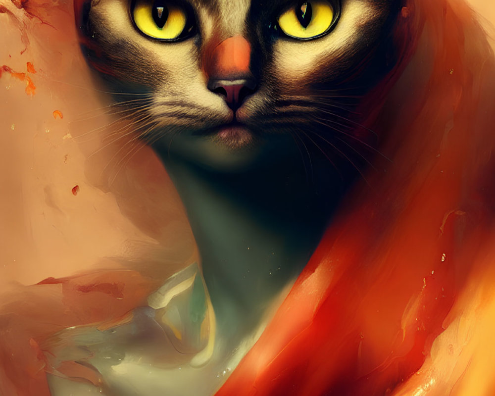 Digital artwork featuring a cat with intense yellow eyes and fiery abstract elements