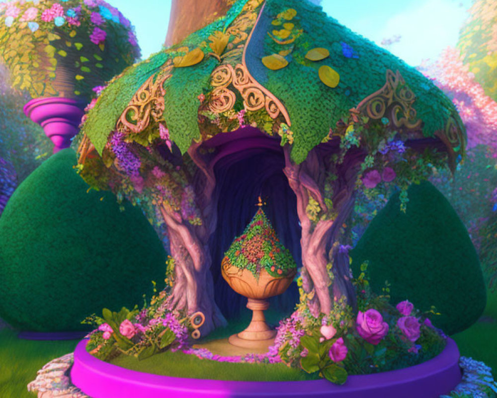 Fantasy treehouse with vibrant canopy and purple details