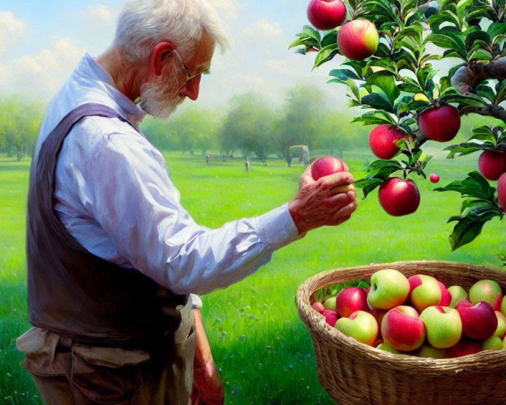 Elderly man in suspenders picking red apple from tree with basket full of apples