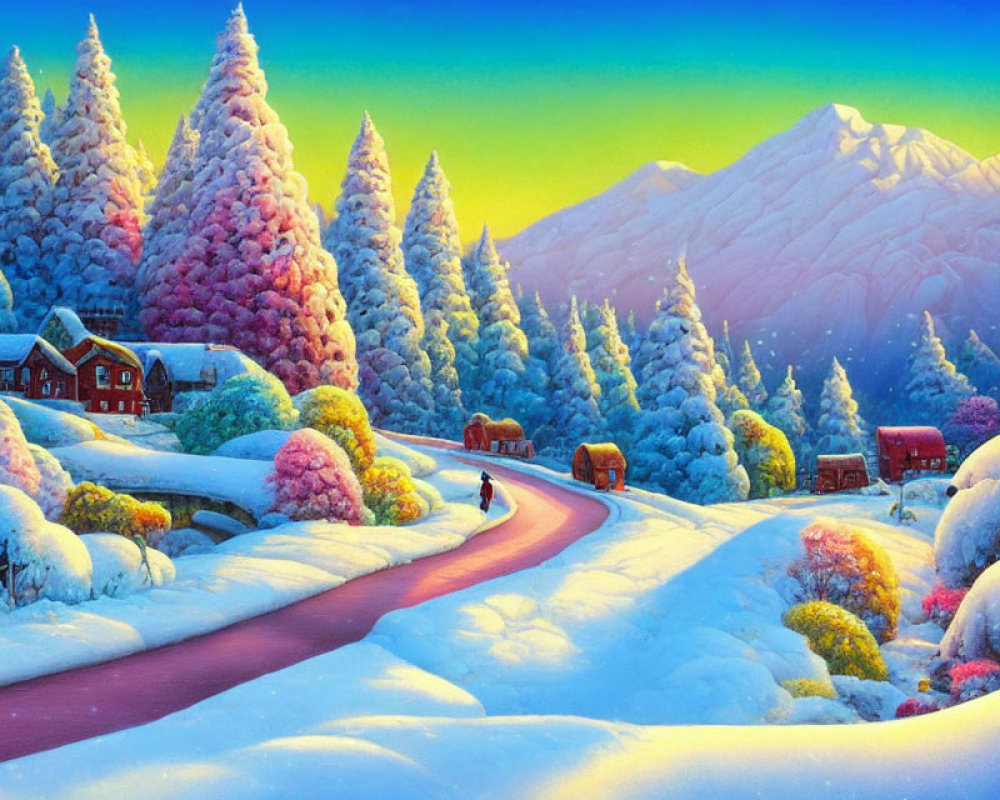 Snowy landscape with person walking on winding road among colorful trees, cozy houses, and distant mountains.