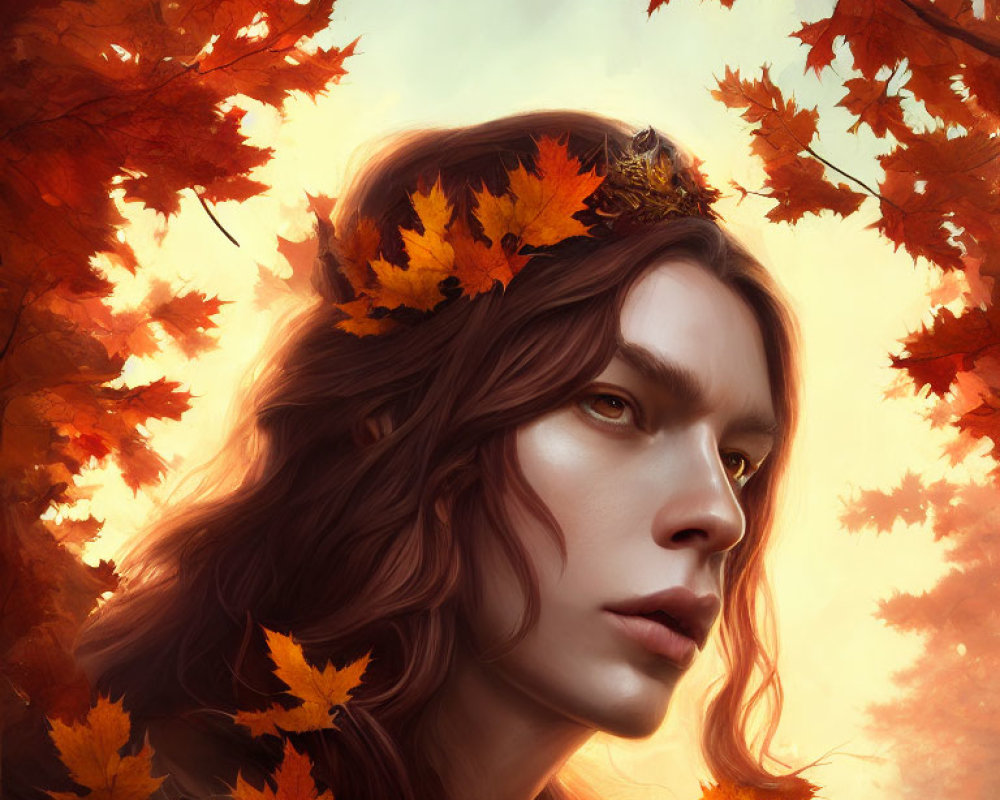 Person with Long Wavy Hair and Autumn Leaves in Golden Foliage