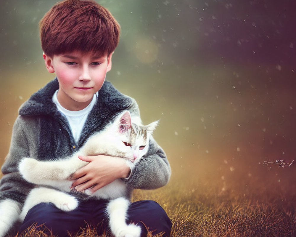 Young boy in grey hoodie holding white and tabby cat outdoors