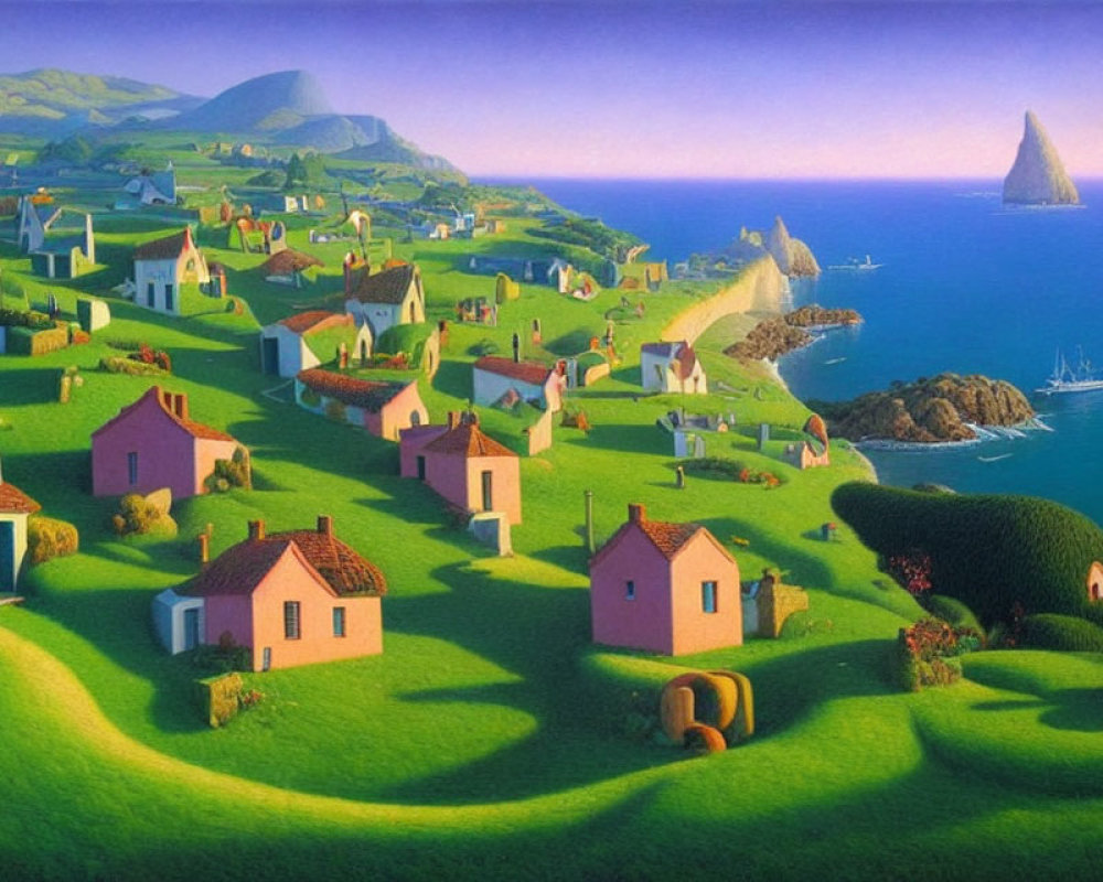 Vibrant countryside painting: rolling hills, pink houses, ocean, boats