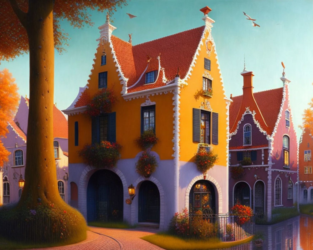 Colorful painting of traditional Dutch-style house in serene sunset setting