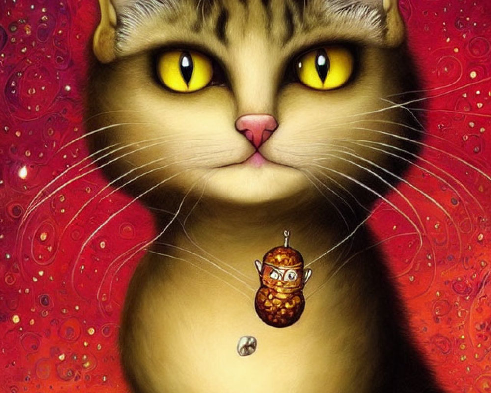 Whimsical digital painting of cat with expressive eyes and owl pendant on vibrant background