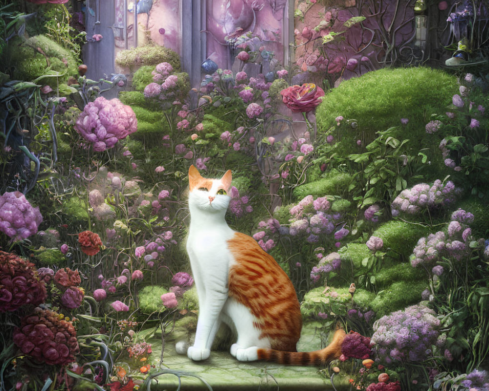 Orange and White Cat in Enchanting Garden with Oversized Flowers