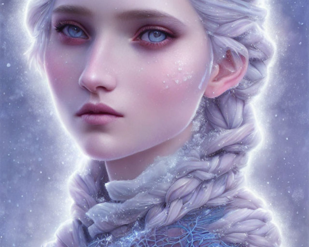 Digital portrait of woman with pale skin and icy blue eyes, braided hairstyle with blue flowers, snowy