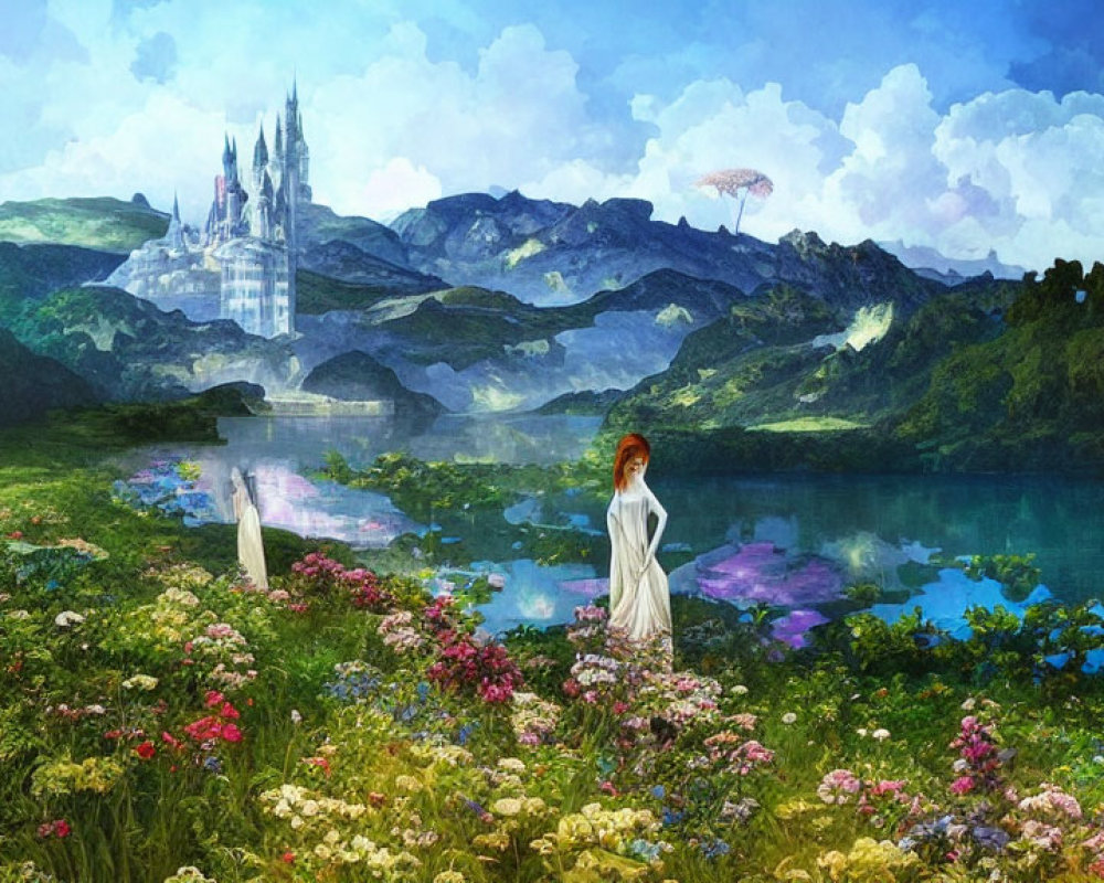 Fantastical landscape with woman, castle, mountains, flowers, lake, and floating island