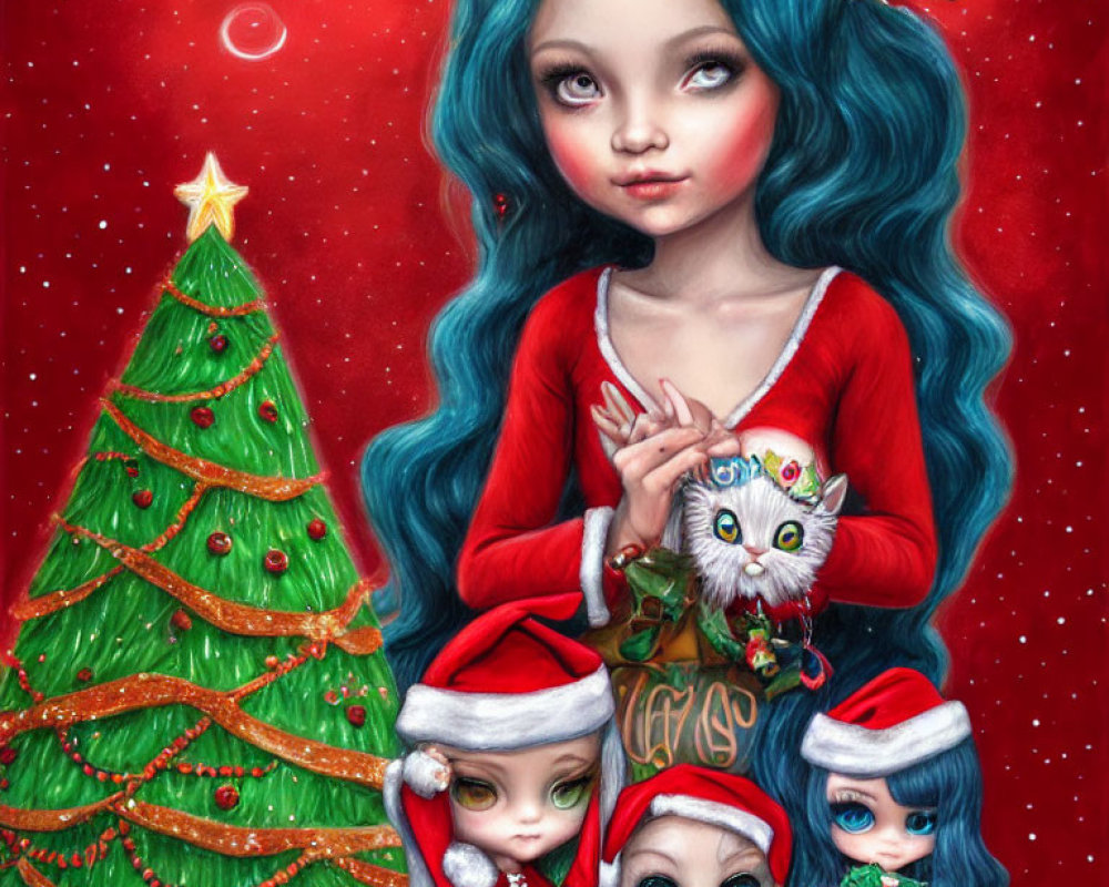 Illustration of girl with blue hair, owl, and small characters in Santa hats near Christmas tree under