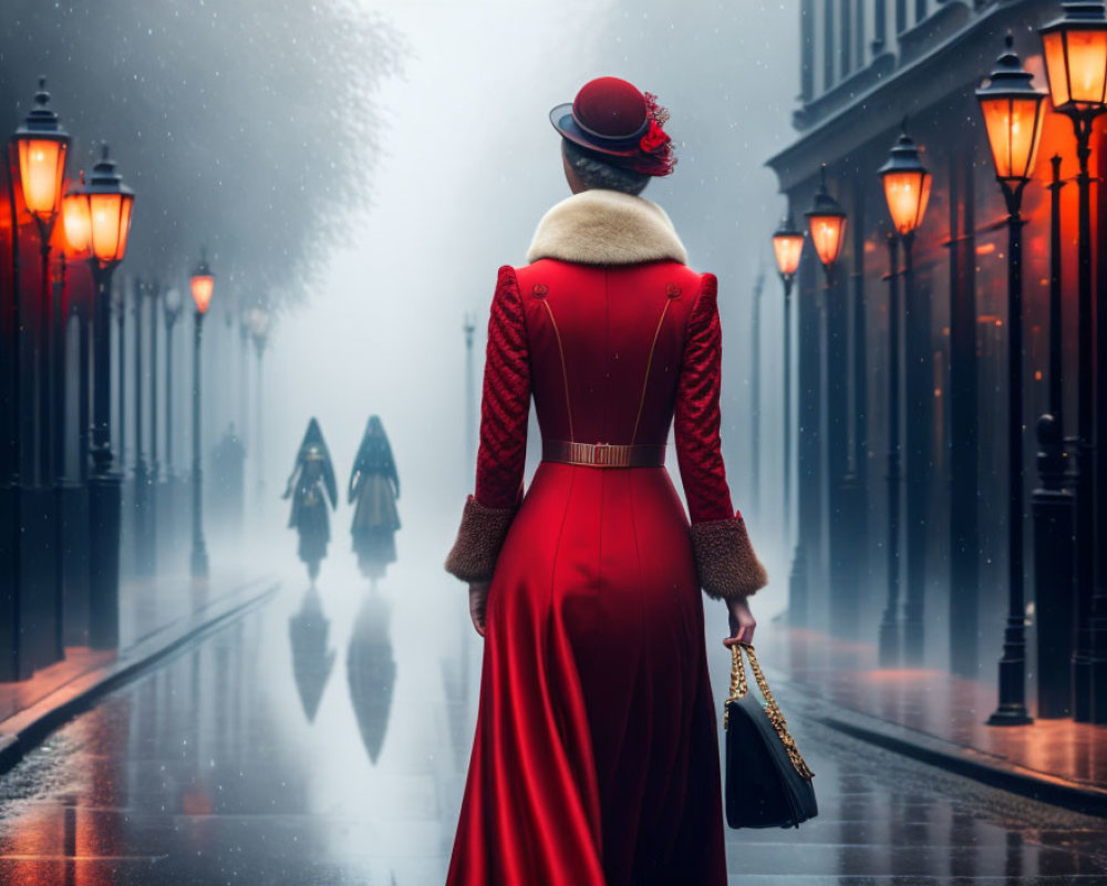 Vintage red dress and hat woman on misty lamp-lit street.