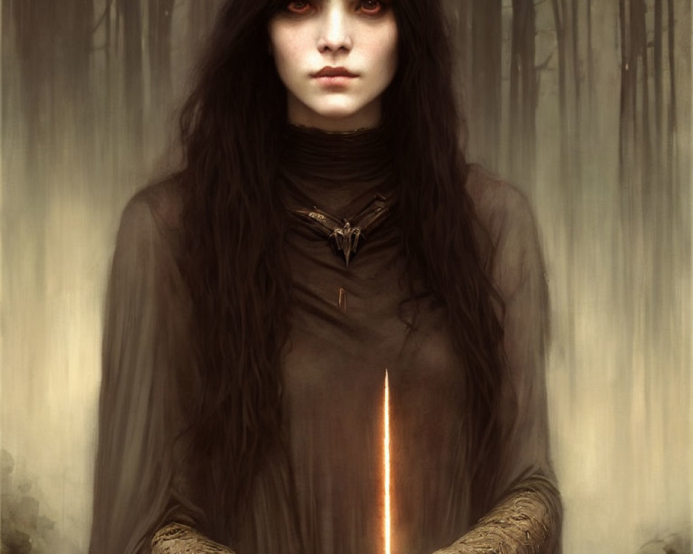 Pale woman with dark hair and red eyes holding glowing sword in misty forest