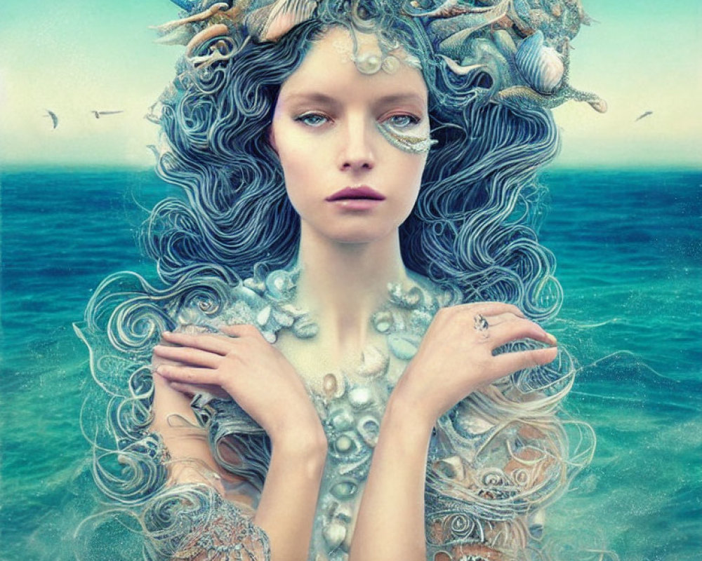 Sea Goddess Inspired Portrait with Marine Life and Ocean Backdrop