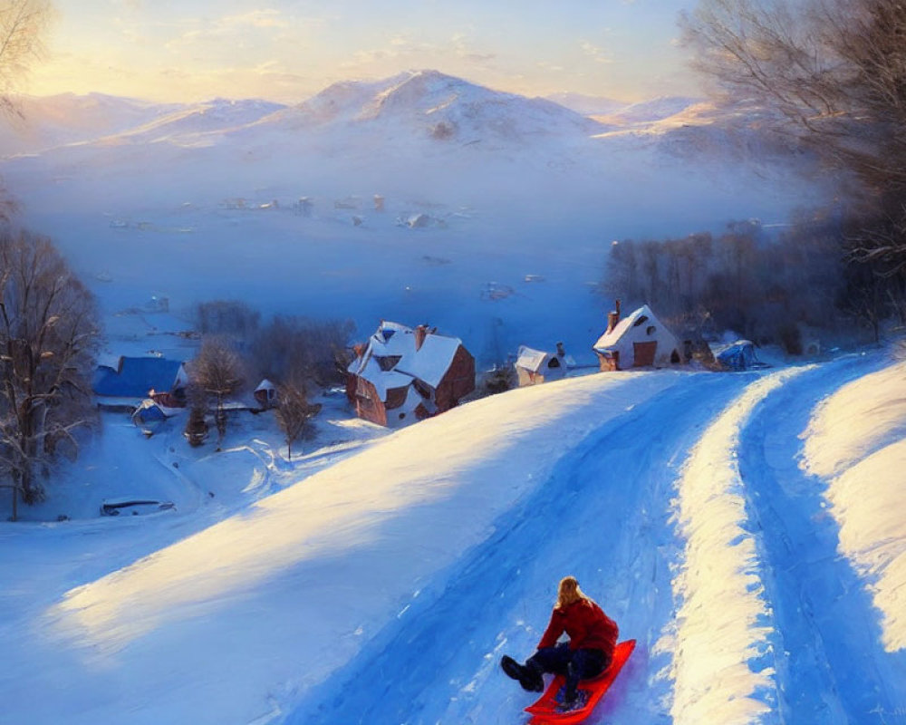 Person sledding on snowy hill overlooking village and mountains at sunrise or sunset