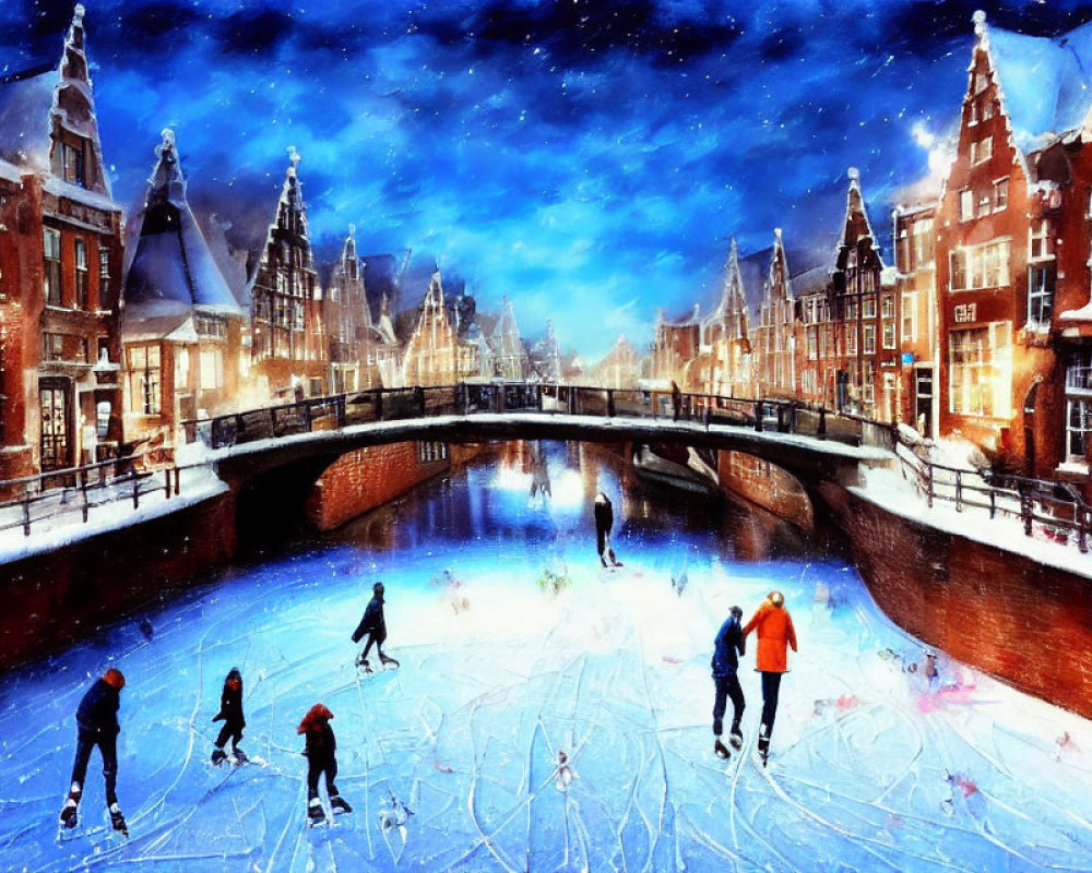 Night ice-skating on frozen canal in historic city with illuminated buildings & bridge under starry sky