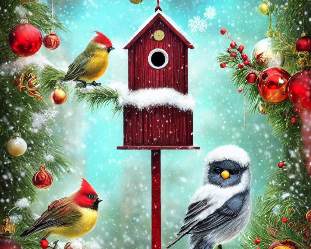 Colorful Birds Perched Near Snow-Covered Birdhouse in Festive Christmas Scene