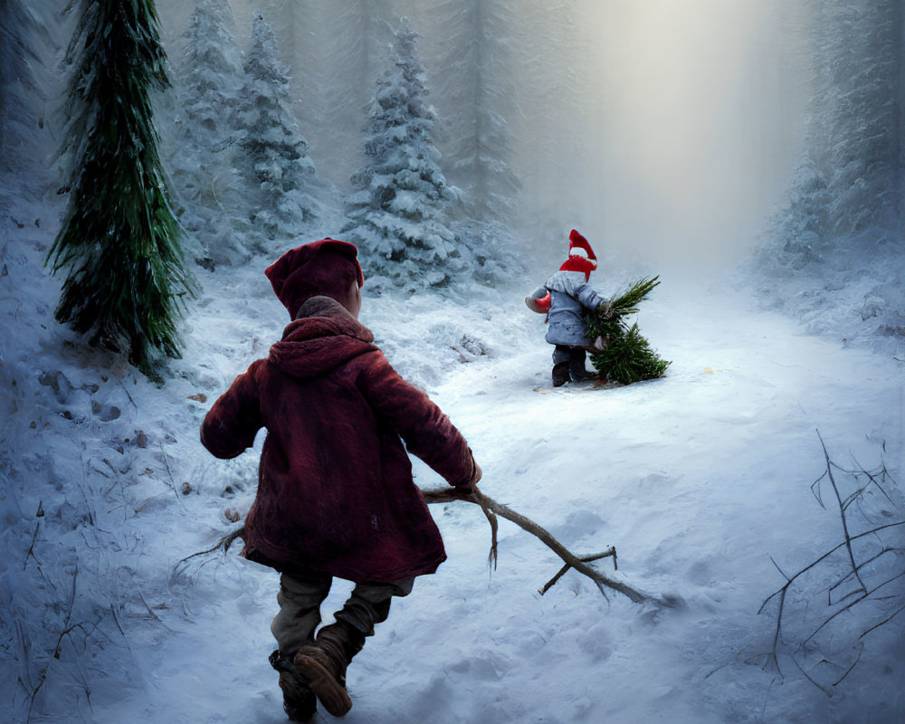 Child in red coat running towards small figure with Santa hat in snowy forest