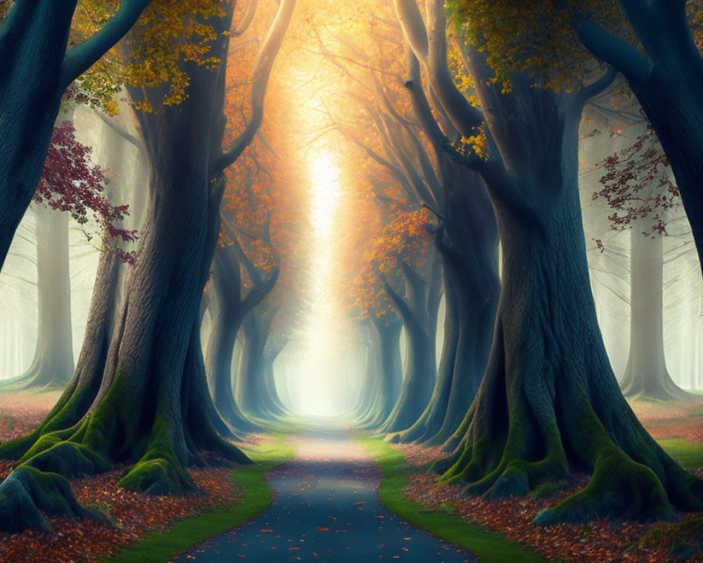 Mystical forest path with tall trees and warm light