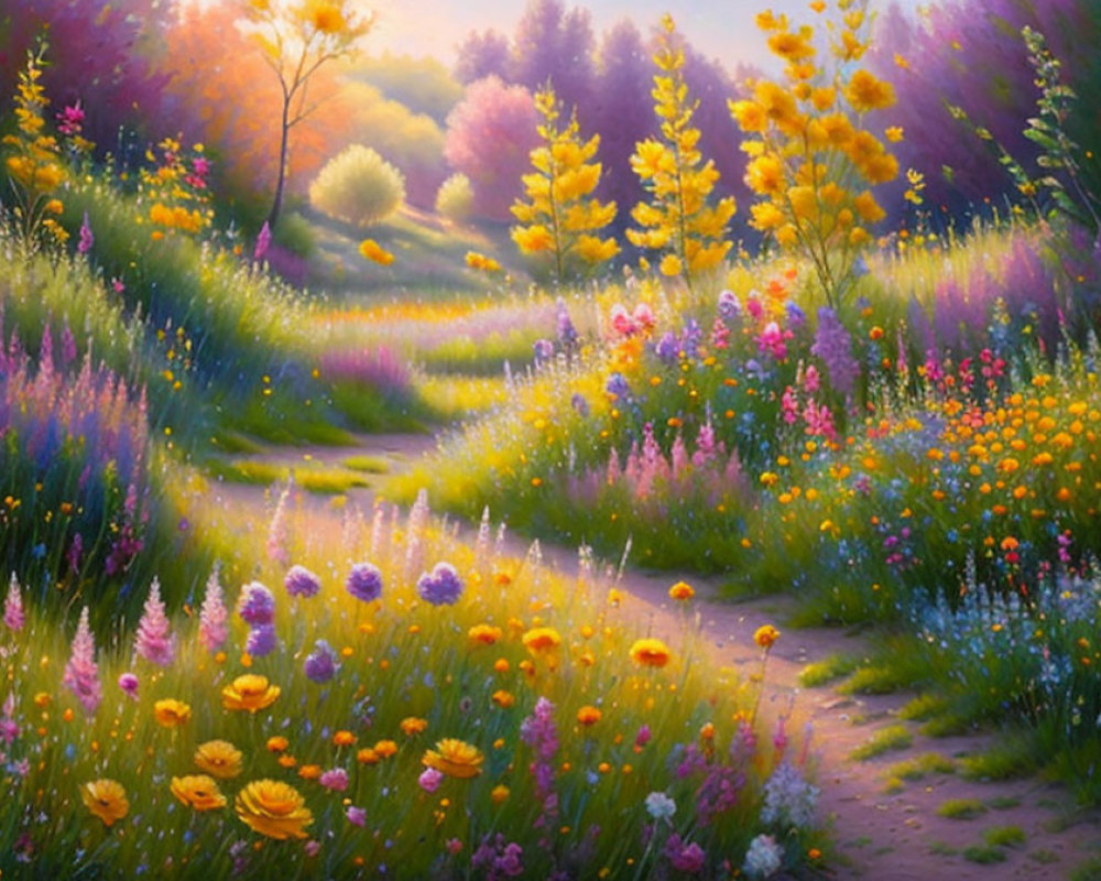 Colorful garden path with vibrant flowers and soft sunlight