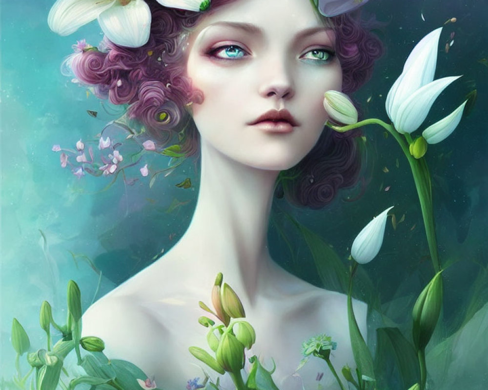 Surreal portrait of a woman with green eyes and white flowers in serene floral setting