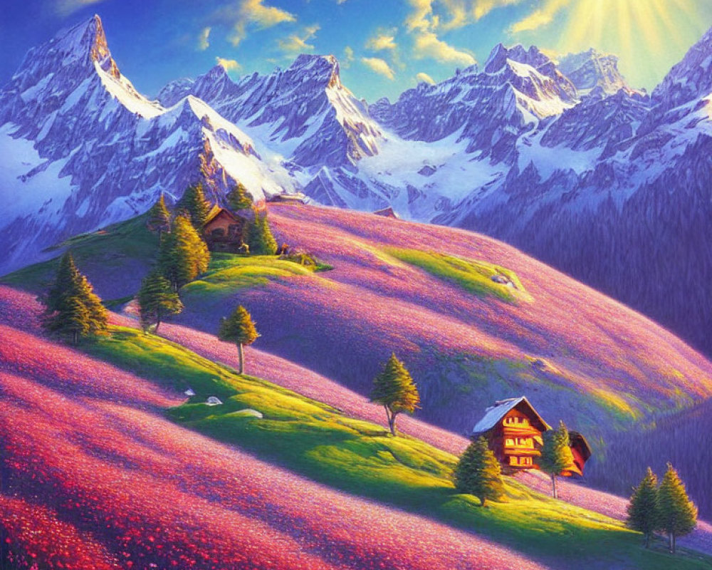 Colorful Alpine Meadow Scene with Flowers, Cabin, and Snowy Peaks