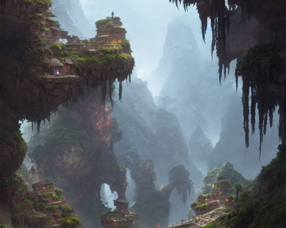 Ethereal landscape with ancient ruins, waterfall, misty mountains