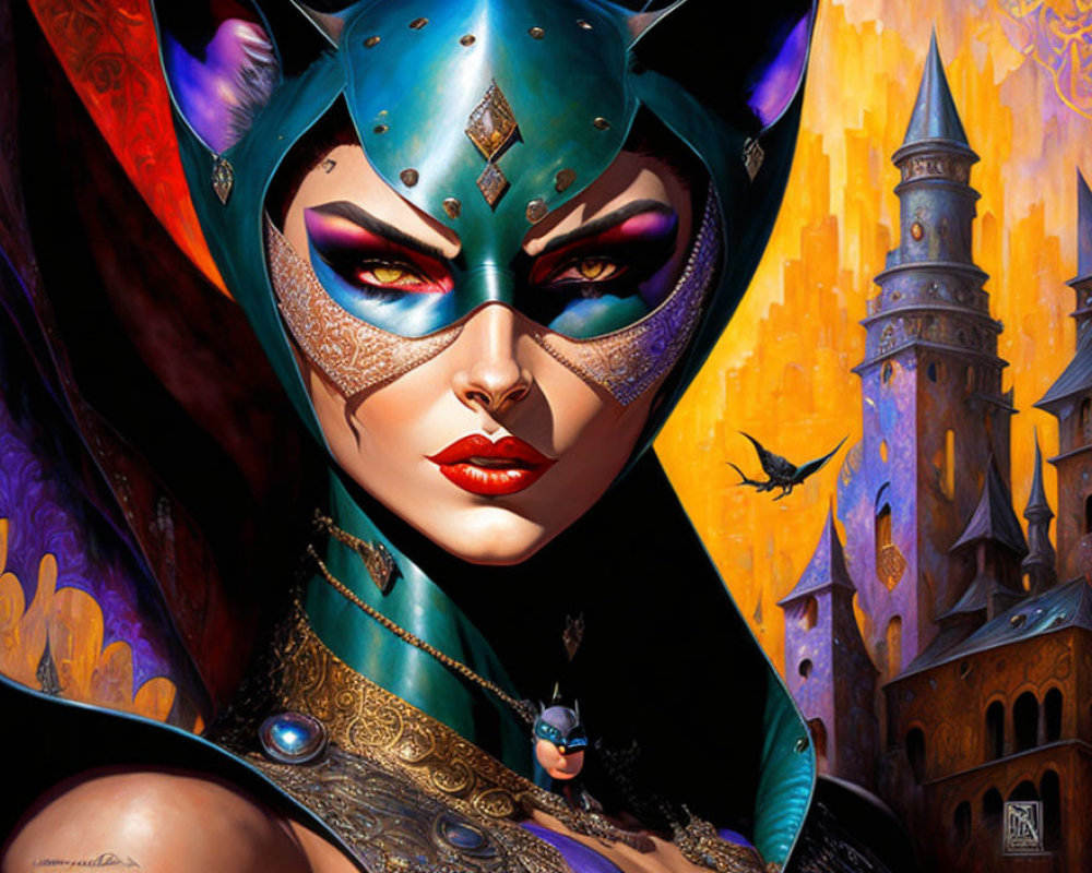 Female warrior with helmet and vibrant makeup in fiery landscape.