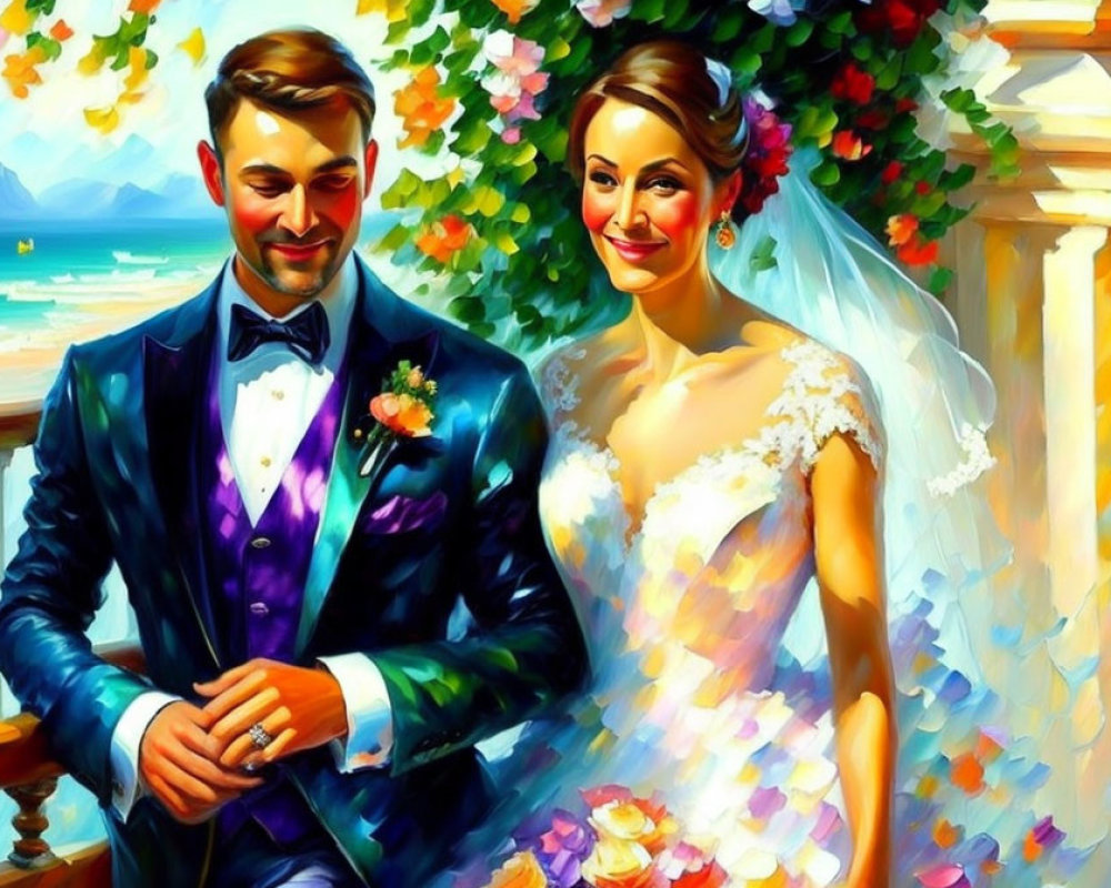 Wedding couple holding hands with ocean view and flowers