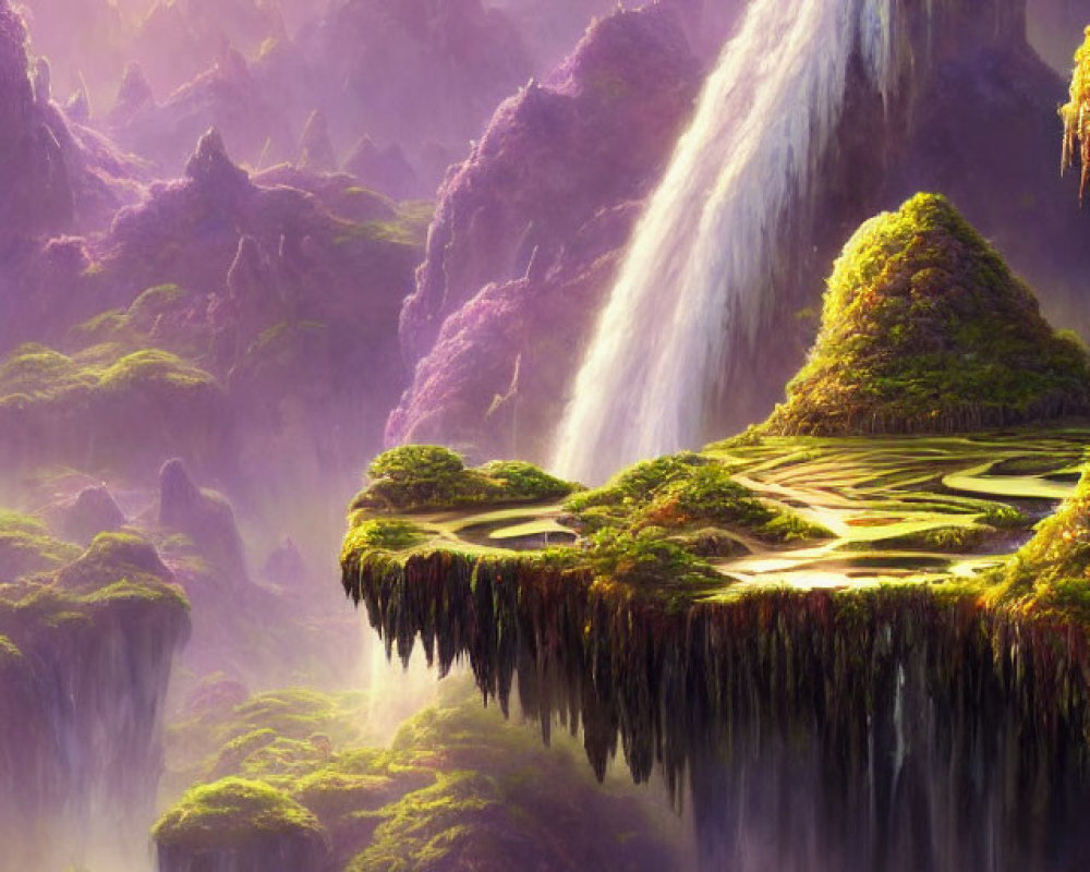 Majestic waterfall in serene fantasy landscape