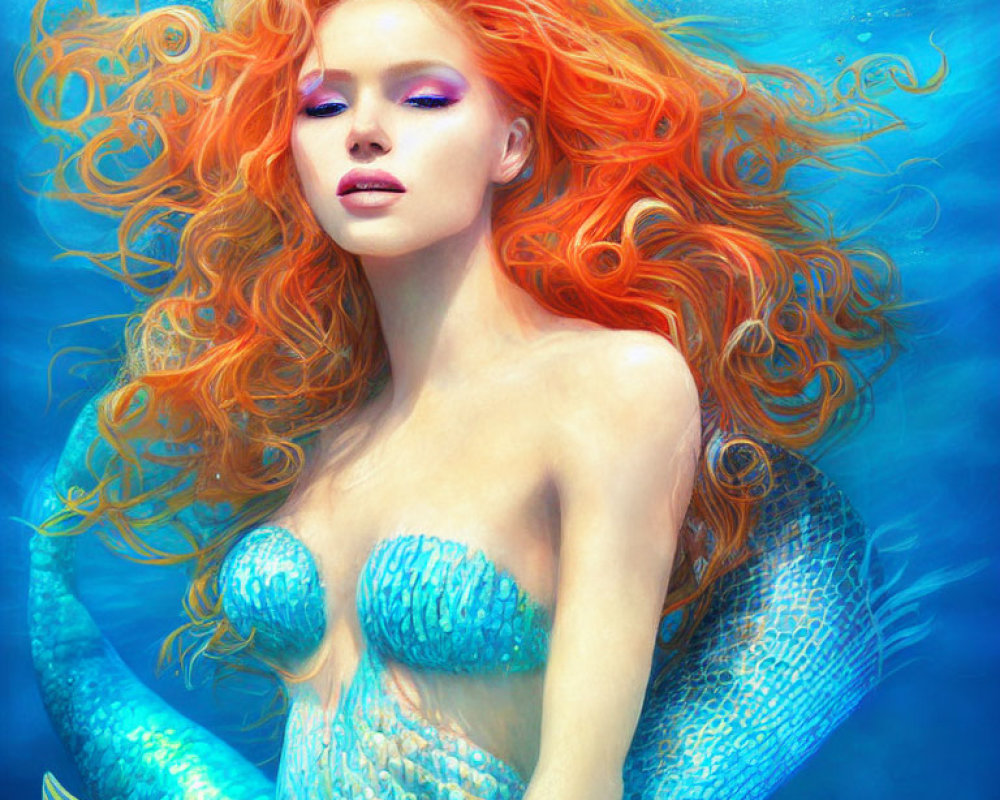 Redhead Mermaid with Blue Tail and Flowing Hair Underwater