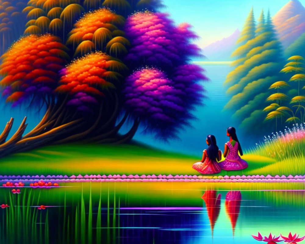 Tranquil lake scene with colorful trees reflected in water