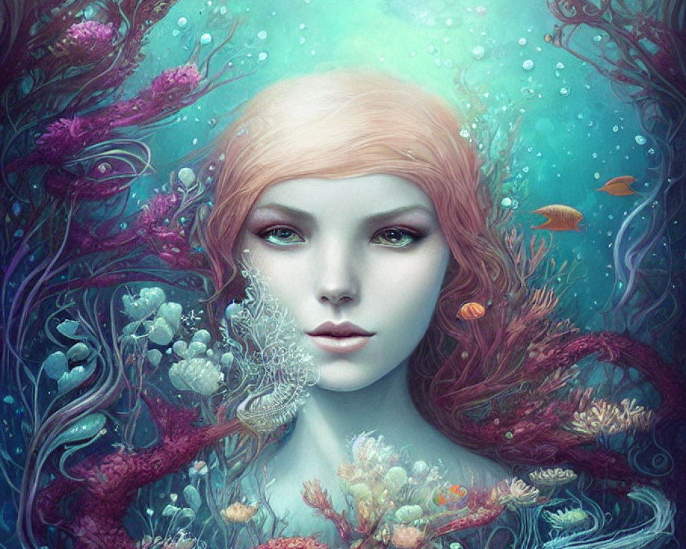 Mystical female figure with red hair in underwater scene