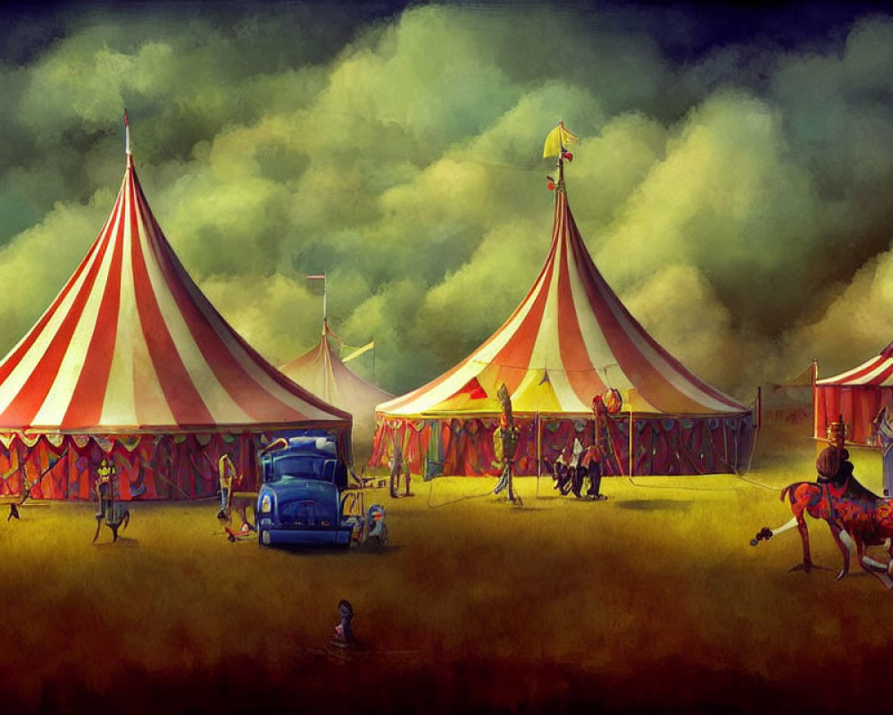 Vibrant circus tents at dusk with performers, audience, and vintage car.