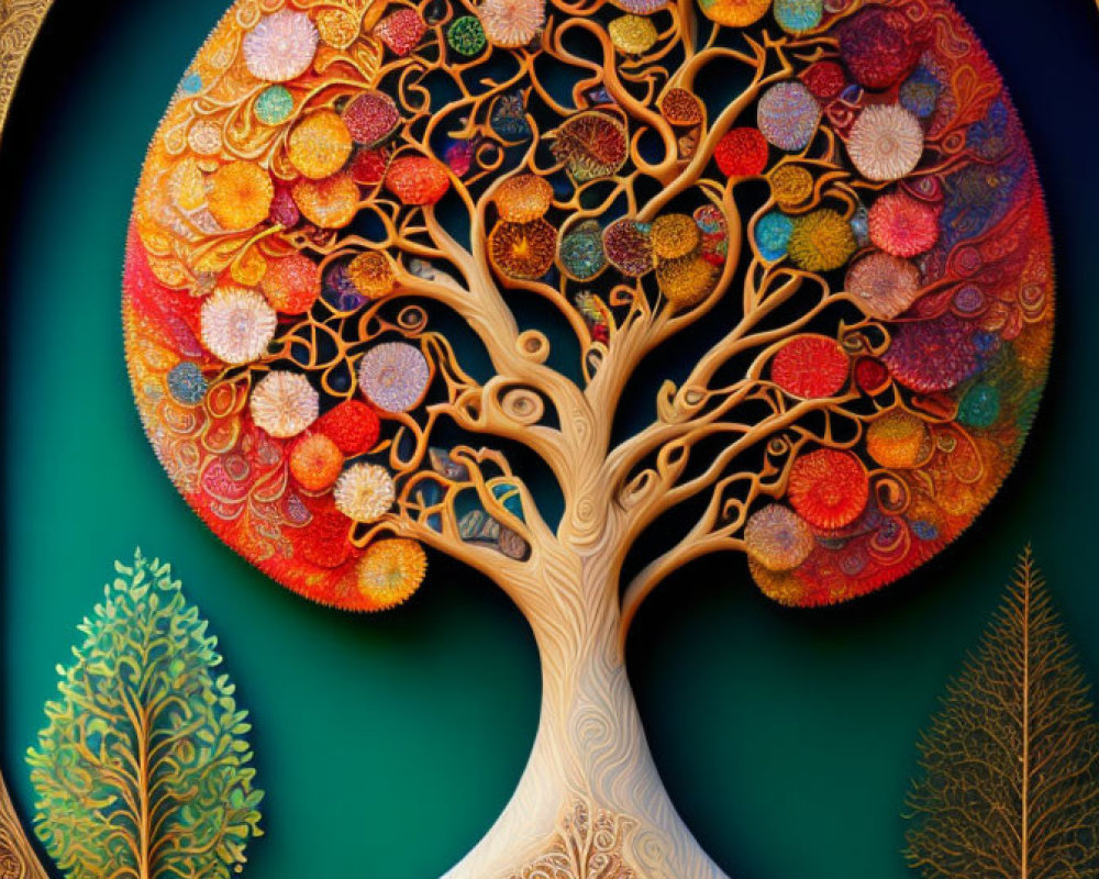 Colorful Round Stylized Tree on Dark Background with Ornamental Border