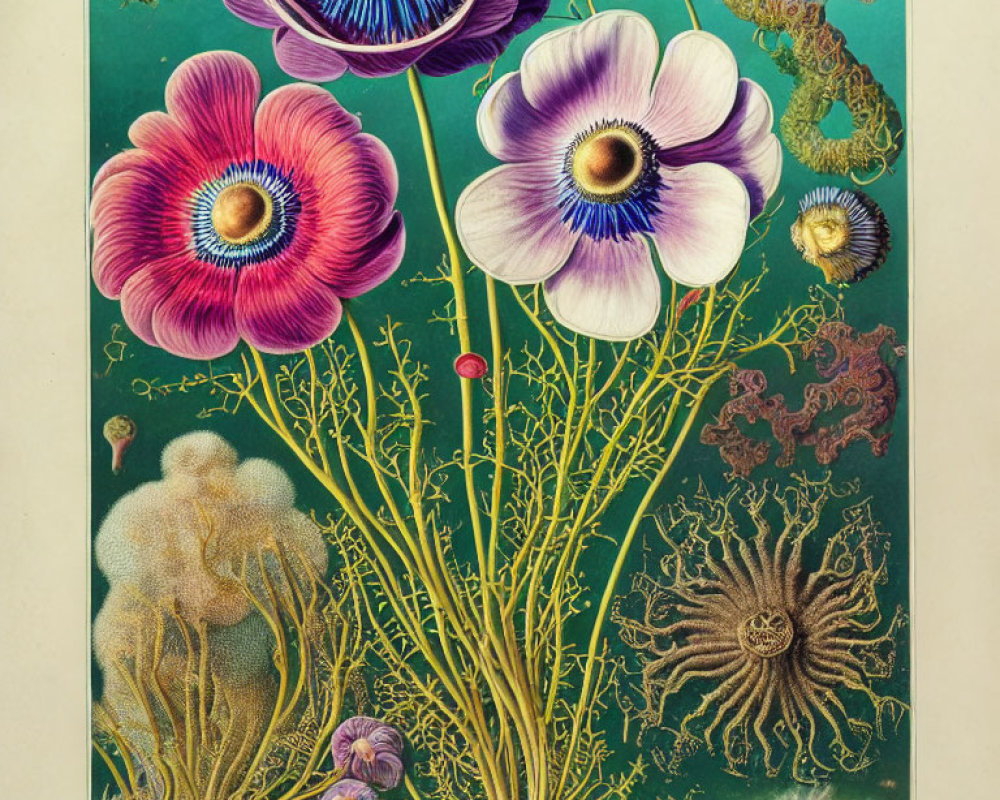 Detailed Botanical Illustration of Colorful Anemone Flowers and Intricate Root Systems