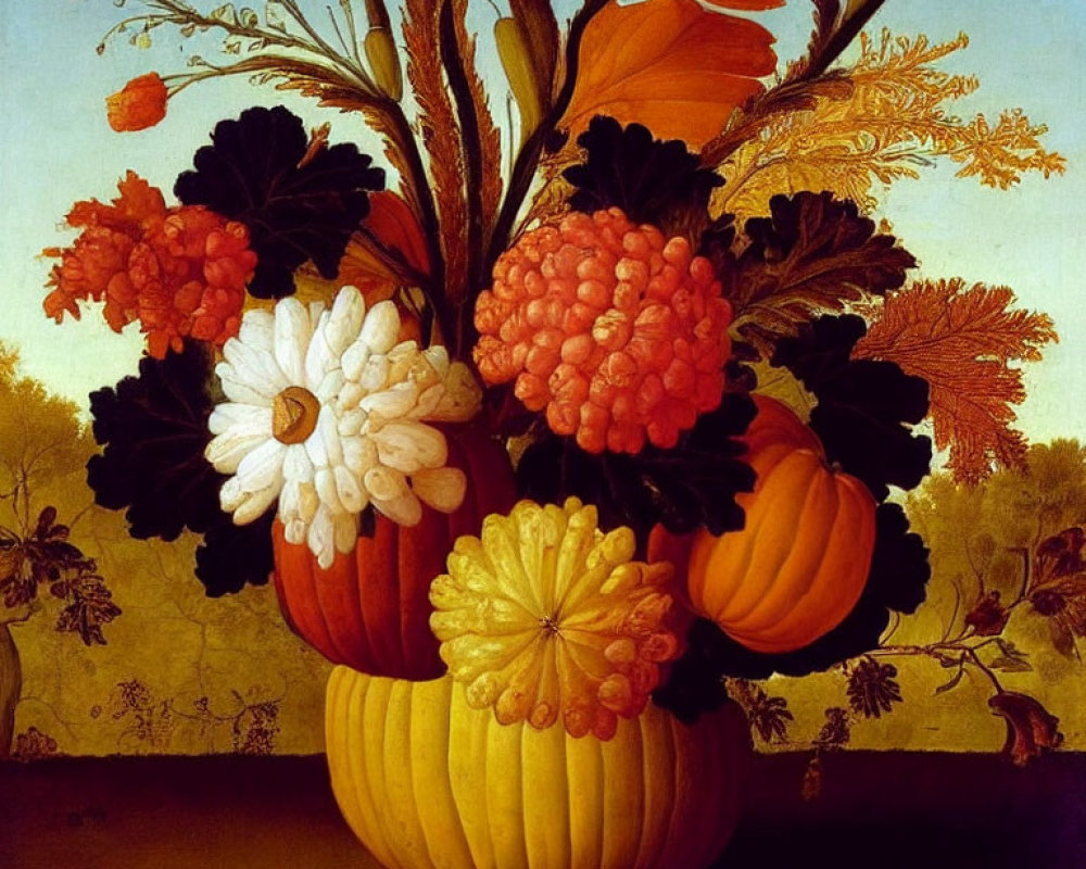 Vibrant bouquet of flowers in ornate vase with autumnal tones