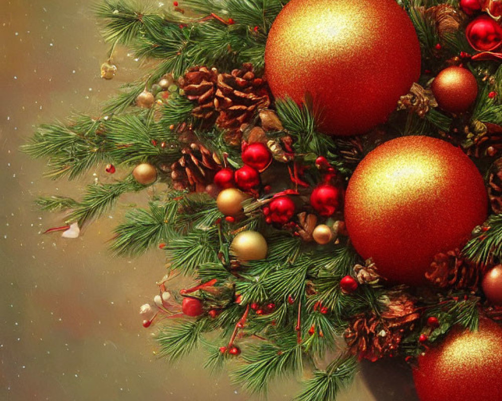 Festive Christmas arrangement with gold and red ornaments, pine cones, and green fir branches on warm