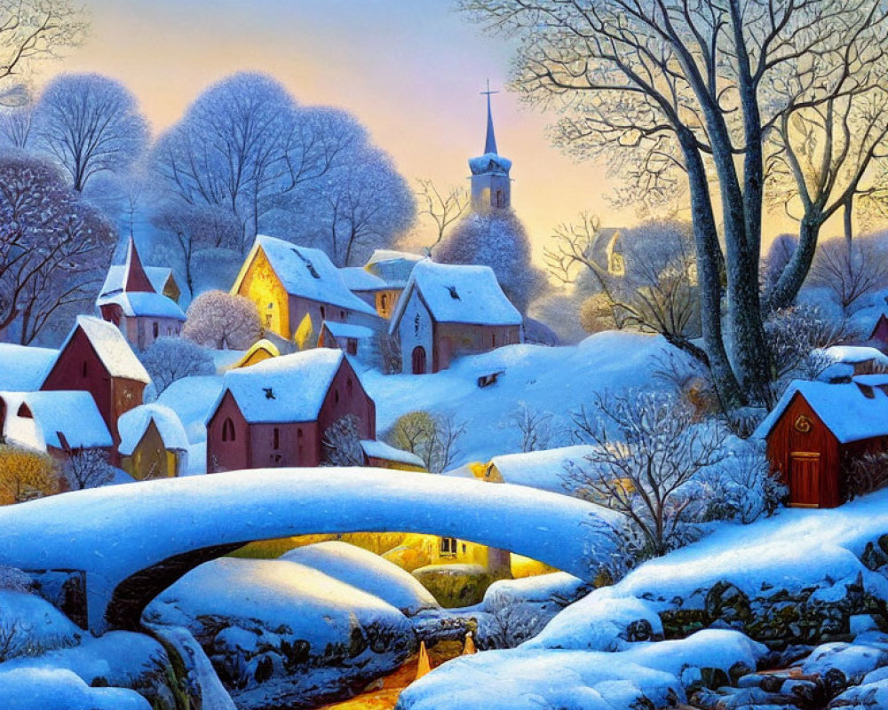 Snow-covered village with stone bridge, windmill, and twilight sky