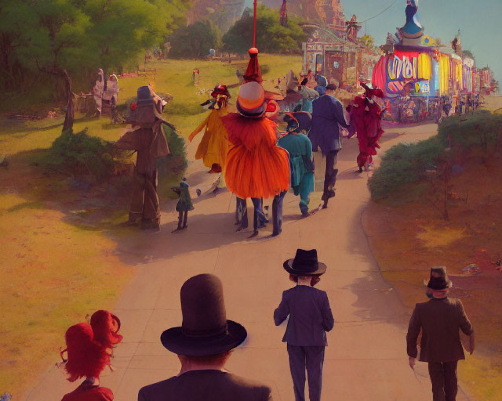 Whimsically dressed individuals in colorful procession towards fantastical city under blue sky