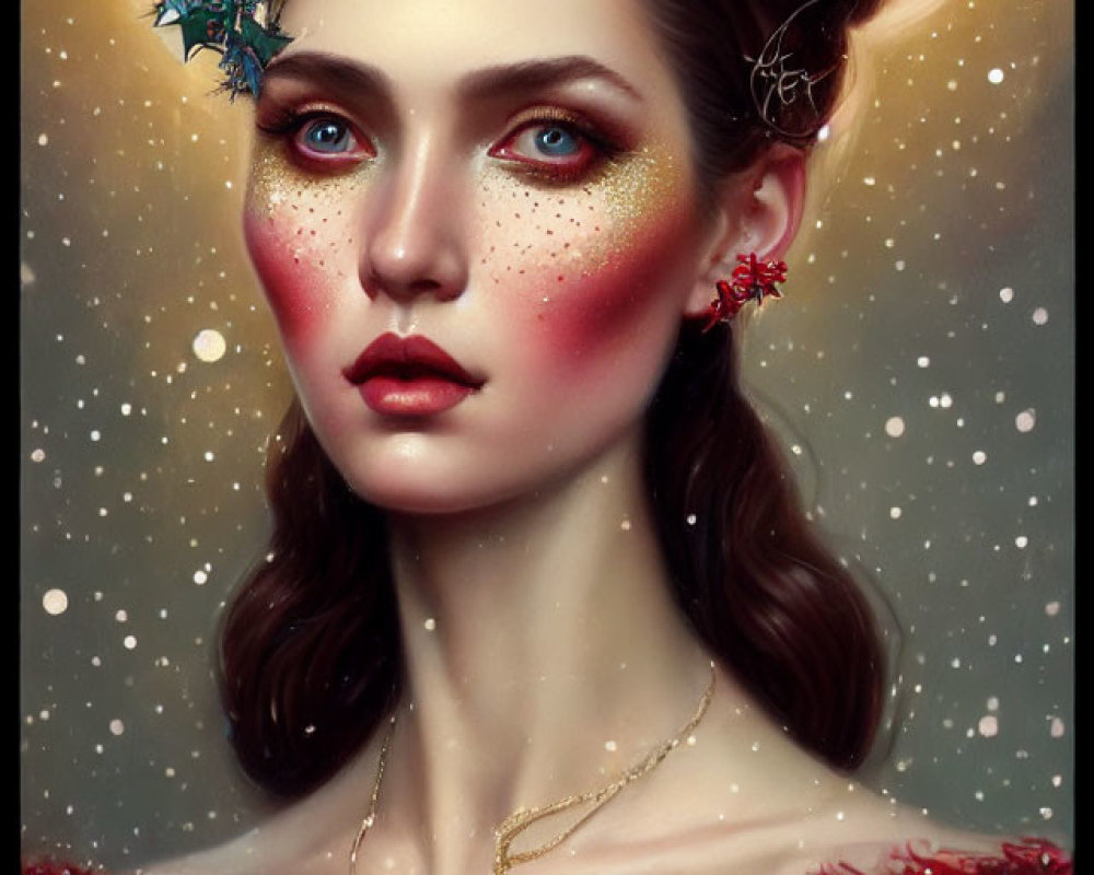 Woman portrait with halo effect, vibrant makeup, red attire, gold jewelry, whimsical ear decorations