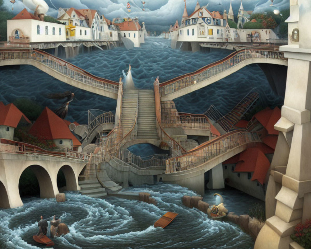 Surreal artwork: Town split by river flowing upwards, boats navigating stairs under overcast sky